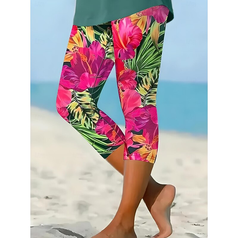 Women's Leggings Capri Pants High Elasticity Vacation Fashion Hawaiian Ankle-Length Mid Waist Floral Graphic Printing Thermal Warm Breathable Soft  Vacation Casual Daily2