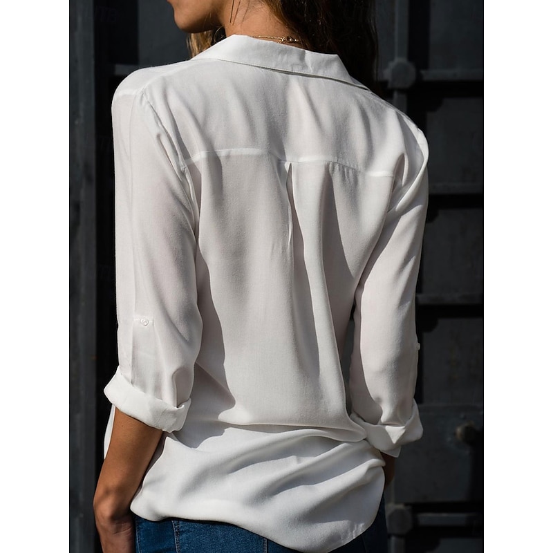 Women's Shirt Button Down Blouse Solid Color Stylish Basic Casual Long Sleeve Shirt Button Down Blouse Collar Regular Tops Work Daily Buttons Black White Yellow Light Blue Summer Spring3