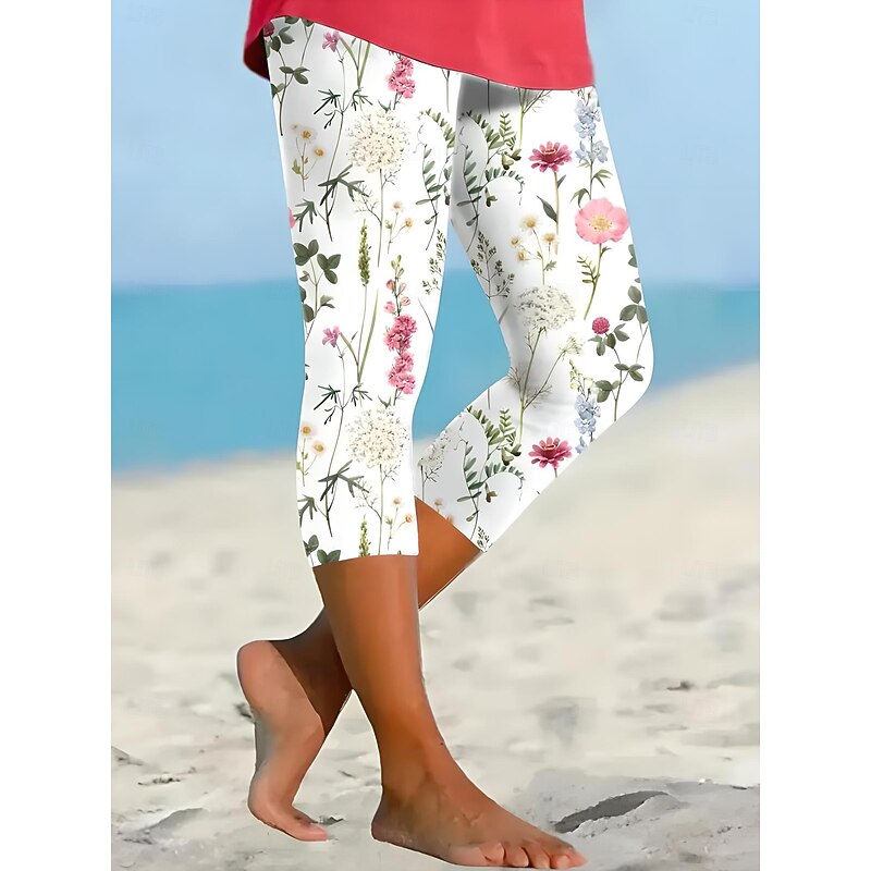 Women's Leggings Capri Pants High Elasticity Vacation Fashion Hawaiian Ankle-Length Mid Waist Floral Graphic Printing Thermal Warm Breathable Soft  Vacation Casual Daily