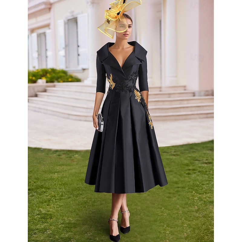 Embroidered A-Line Cocktail Dresses Tuxedo Dress Mother of Bride Elegant Formal Ankle Length 3/4 Length Sleeve Shirt Collar Pocket Satin with Appliques2