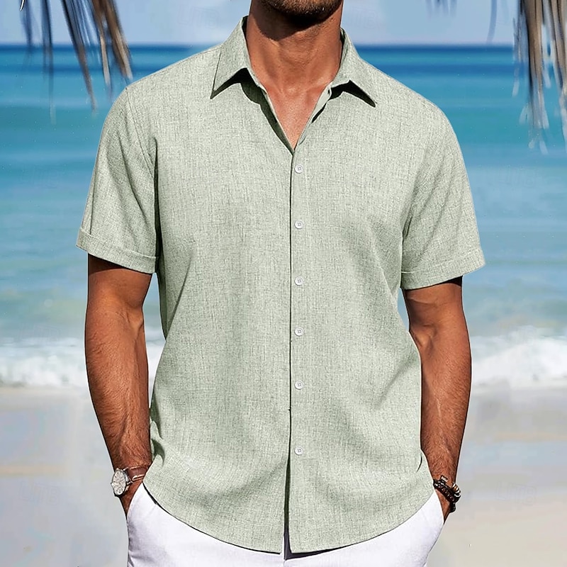 Men's Linen Shirt Beach Shirt Button Up Shirt Short Sleeve Beach Vacation Holiday Beach Wear Summer Spring Collared Shirts Pink Blue Green Gray