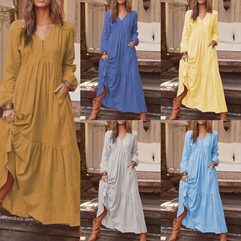 Women's Midi Dress Linen-Inspired Dresses Cotton Linen Dress Fashion Basic Modern Outdoor Daily Holiday Regular Fit Plain Long Sleeve V Neck Light Yellow Black Wine Navy Blue Summer