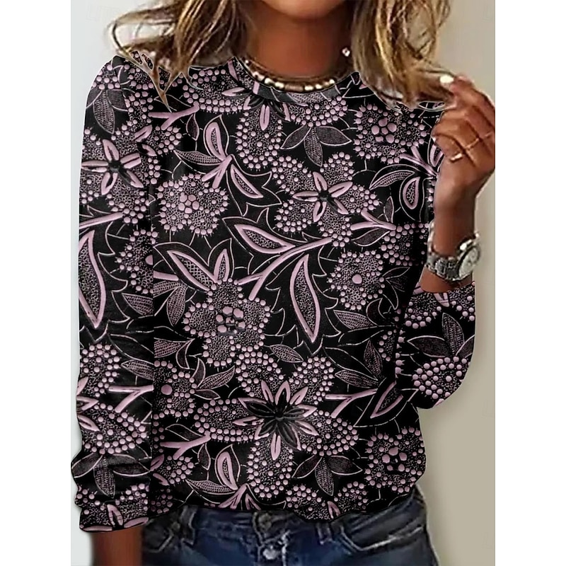 Women's T Shirt Floral Fashion Modern Long Sleeve Crew Neck Regular Tops Daily Print Black Blue Gray Summer2