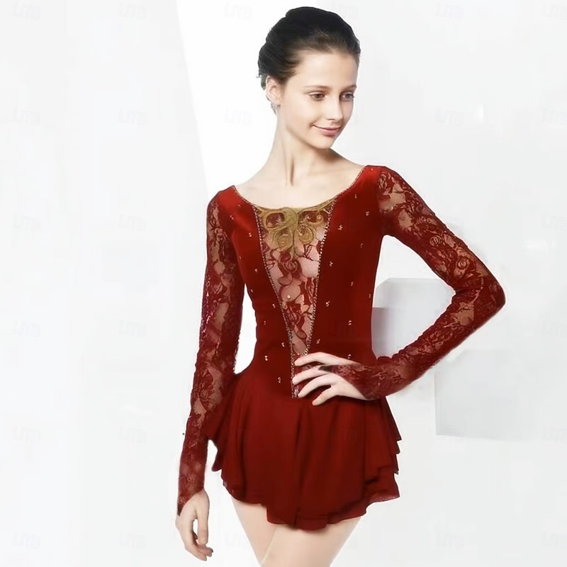 Figure Skating Dress Women's Girls' Ice Skating Dress Burgundy Patchwork Thumbhole Mesh Spandex Lace Stretchy Training Practice Professional Skating Wear Thermal Warm Classic Crystal / Rhinestone