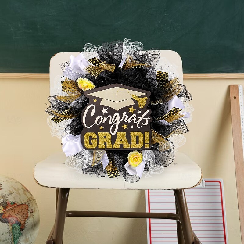 Graduation Party Wreath Decor, Congrats Tassel Wreath with Mesh, Graduation Cap Wooden Sign, Classroom Door Hanging Decoration4