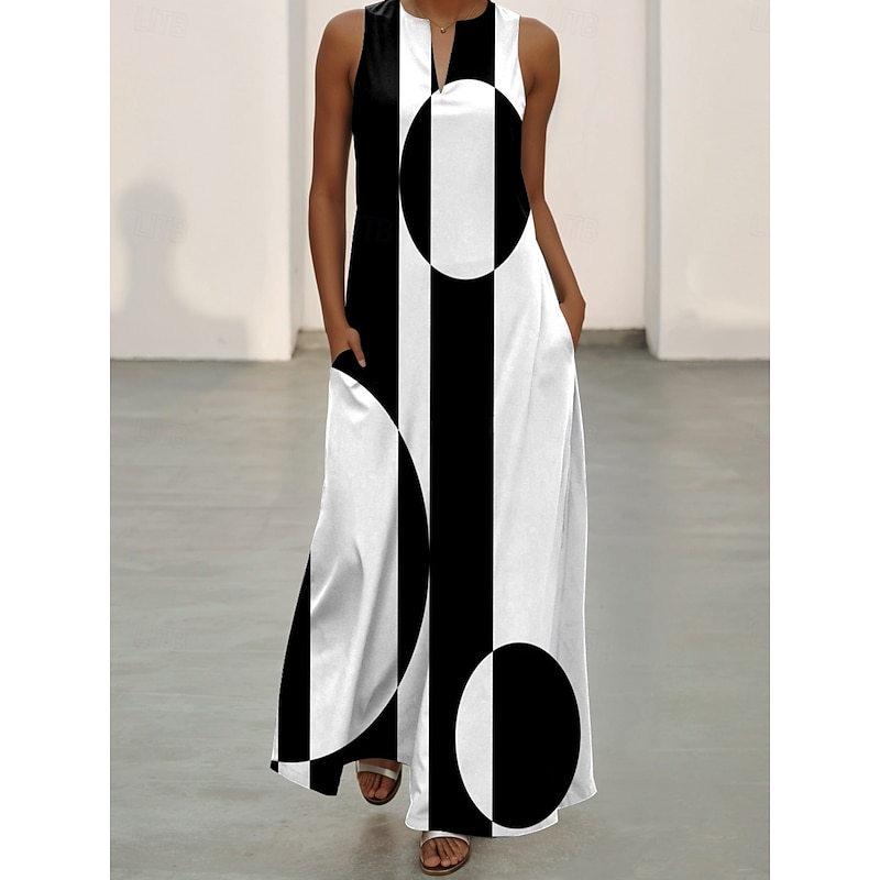 Women's Maxi Dress A Line Dress Casual Vacation Daily Loose Fit Geometric Sleeveless Notched Neck Black Summer