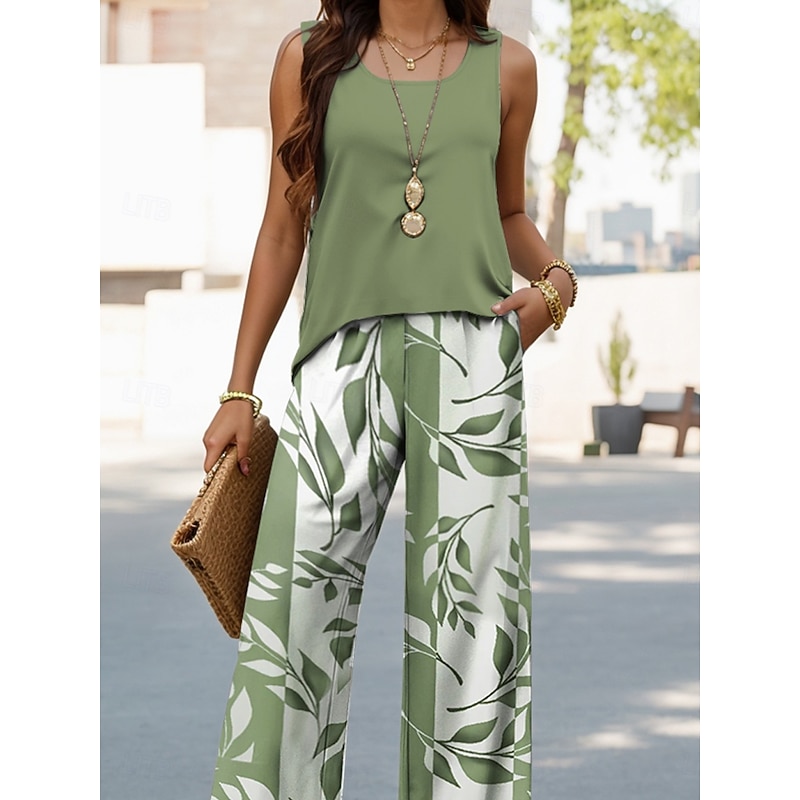 Women's Pants Sets Vacation Fashion Daily  Sleeveless U Neck Graphic Geometric Casual Daily Weekend Blue Green Khaki Summer Regular Fit3