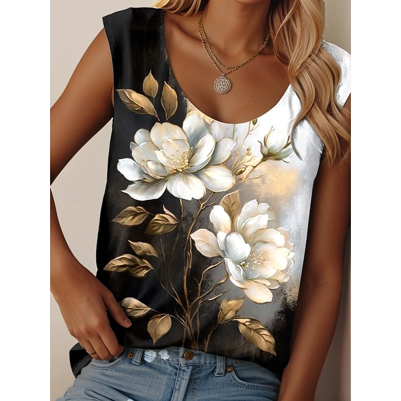 Women's Camisole Tank Top Floral Graphic Daily Casual Sleeveless Crew Neck Regular Tops Daily Print Black Summer
