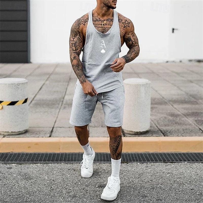 Men's Tracksuit Outfit Set Shorts Deep U Outdoor Daily Sports Pocket Drawstring 2 Piece Poker Black Yellow Grey Polyester Activewear Classic Casual Summer