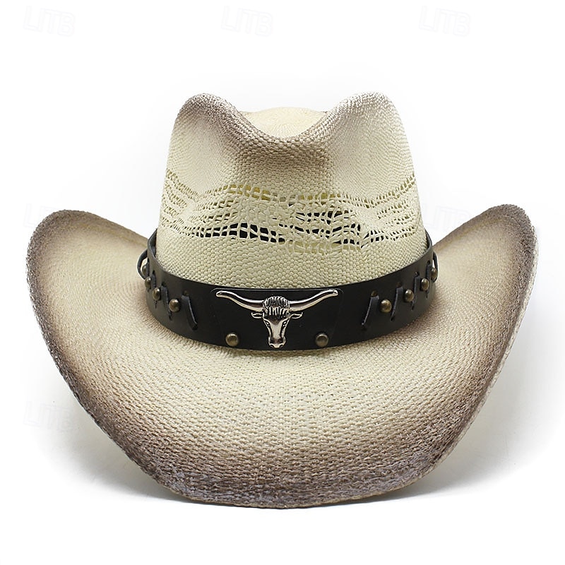 Men's Sun Hat Cowboy Hat Fedora Trilby Hat White Black / White Straw Rope Vintage Style Fashion 18th Century State of Texas Daily Theme Party Solid / Plain Color Sunscreen Cosplay2