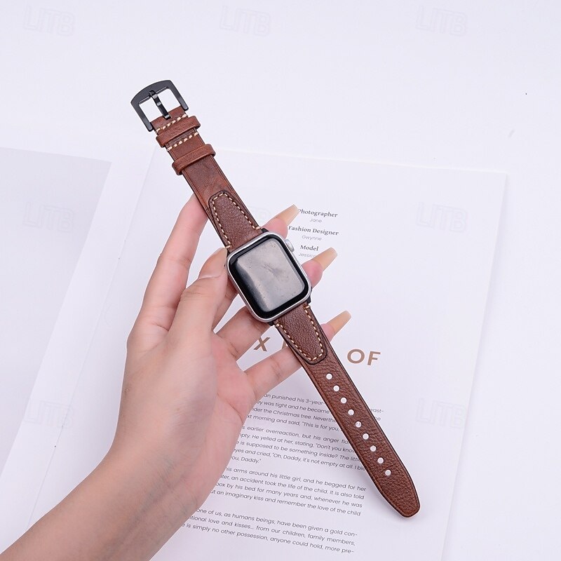 Leather Band Compatible with Apple Watch band 38mm 40mm 41mm 42mm 44mm 45mm 49mm Adjustable Women Men Genuine Leather Strap Replacement Wristband for iwatch Ultra 2 Series 9 8 7 SE 6 5 4 3 2 12