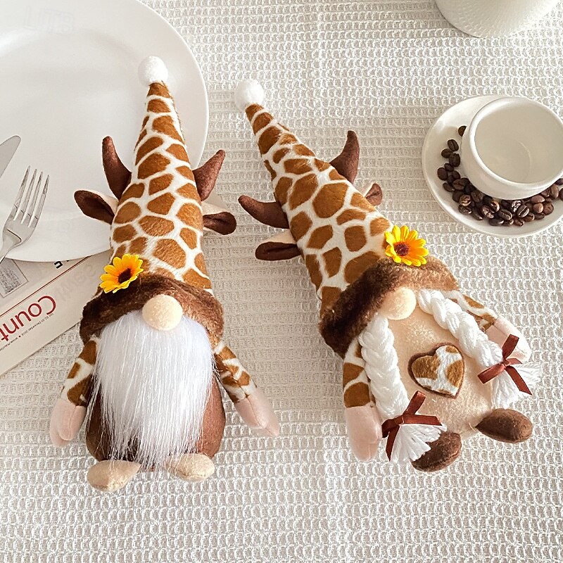 Bee Day Gnome Gift Decoration Adorable Sunflower Giraffe Hat Themed Plush Doll Figurine with Rudolph and Faceless Doll Design, Perfect for Couple's Home Decor4