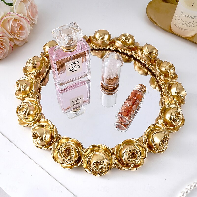 Rose Wreath Mirror Tray – Vintage Resin Decorative Tray with High-Definition Glass Mirror, Elegant Floral Design for Makeup Storage, Jewelry Display, Photography Prop, and Vanity Table Decor4
