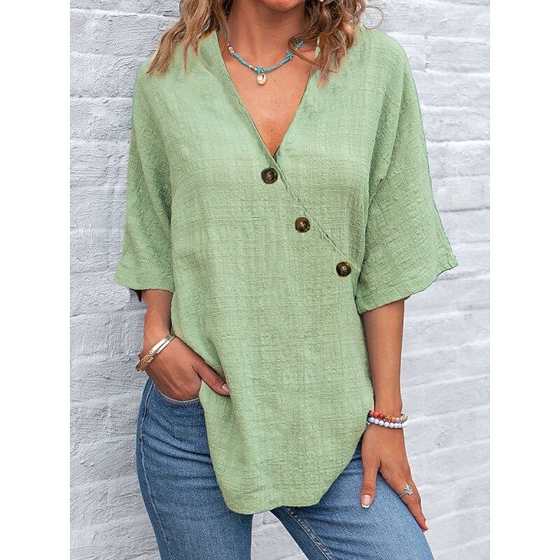 Women's Shirt Cotton Linen Shirts Plain Daily Casual Half Sleeve Butterfly Sleeve Crossover Collar Regular Tops Daily Patchwork Buttons Blue Purple Green Gray Summer Spring3