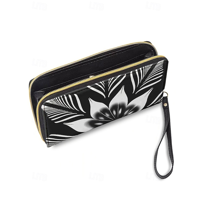 Women's Black and White Floral Print Wallet – Faux Leather Zipper Clutch with Wrist Strap, Stylish Large Capacity Purse for Travel, Shopping & Everyday Use3