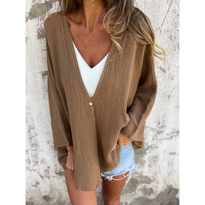 Women's Shirt Linen-Inspired Shirts Button Up Blouse Plain Basic Modern Long Sleeve V Neck Regular Tops Daily Holiday Buttons Black Orange Brown Green Beige Summer