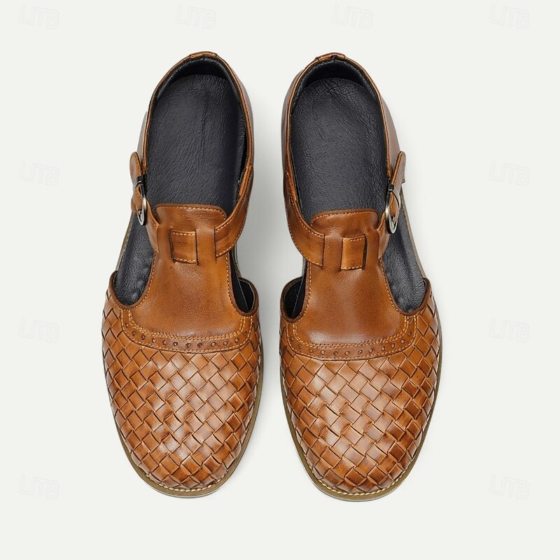Men's Traditional Brown Woven Leather Loafers with Buckle - Perfect for Business Casual and Everyday Wear3