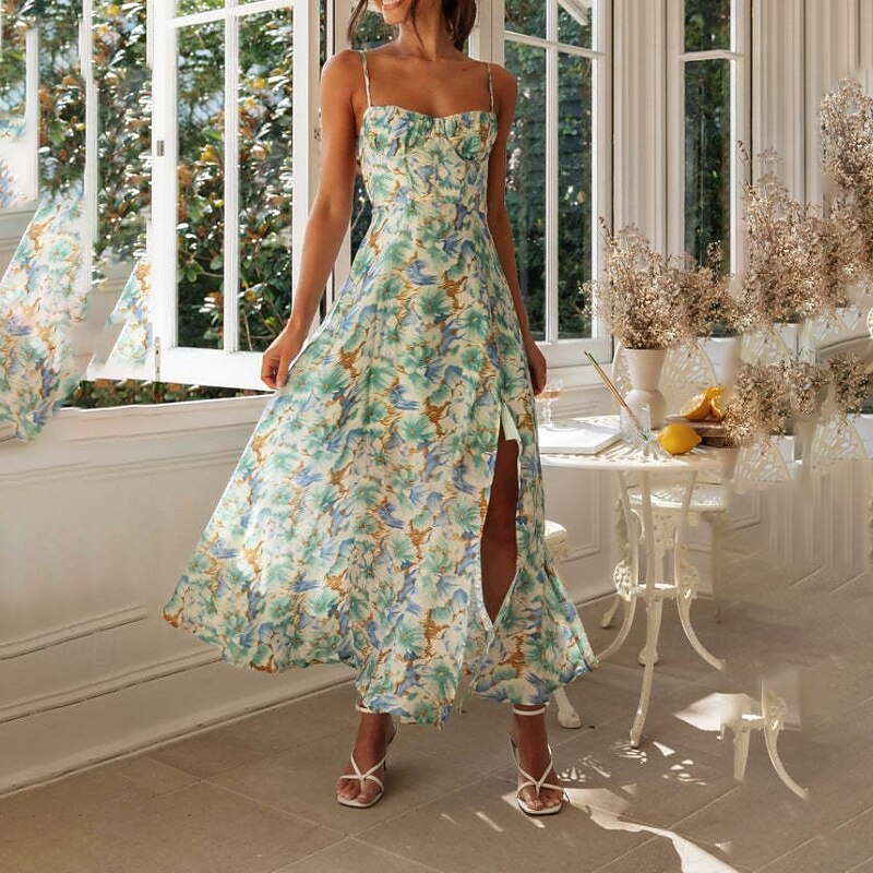 Women's Midi Dress Graduation Dress Floral Dress Slip Dress Fashion Birthday Date Going out Regular Fit Flower Sleeveless Spaghetti Strap Green Summer2