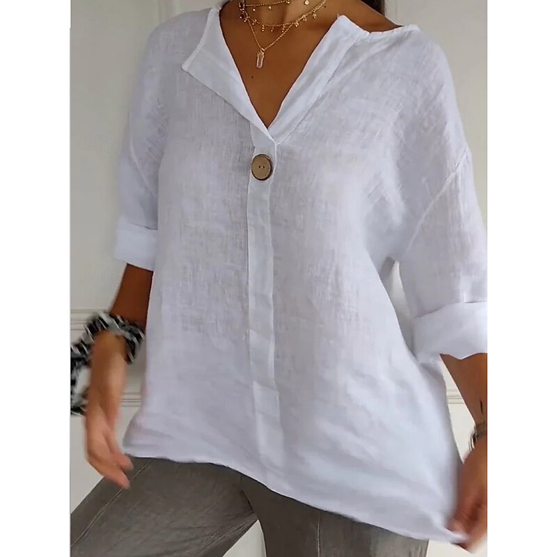 Women's Cotton Linen Mini Dress Shirt Dress Basic Casual Vacation Daily Regular Fit Plain 3/4 Length Sleeve V Neck Black White Red Green Summer2