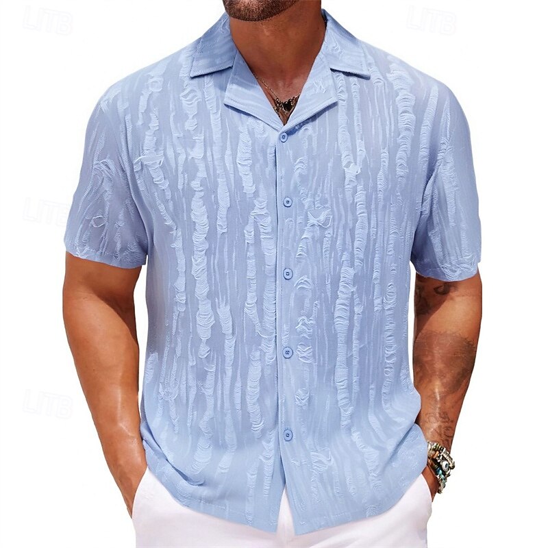 Men's Shirt Black White Blue Short Sleeve Solid Color Camp Collar Home Office Buttons Clothing Apparel Classical