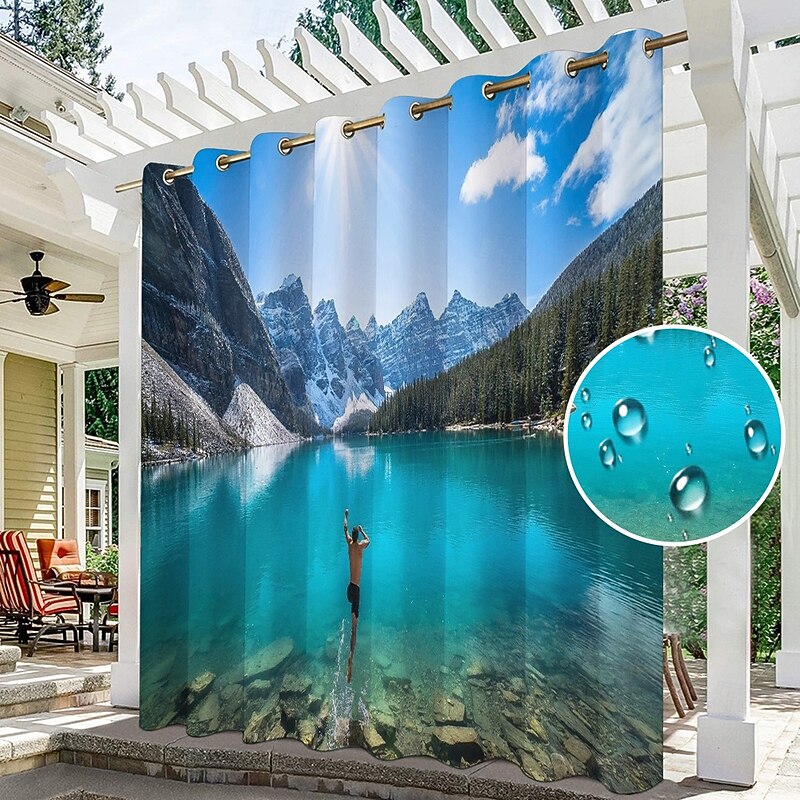 2 Panels Outdoor Curtain Privacy Waterproof, Sliding Patio Curtain Drapes, Pergola Curtains Grommet 3D Landscape For Gazebo, Balcony, Porch, Party, Hotel
