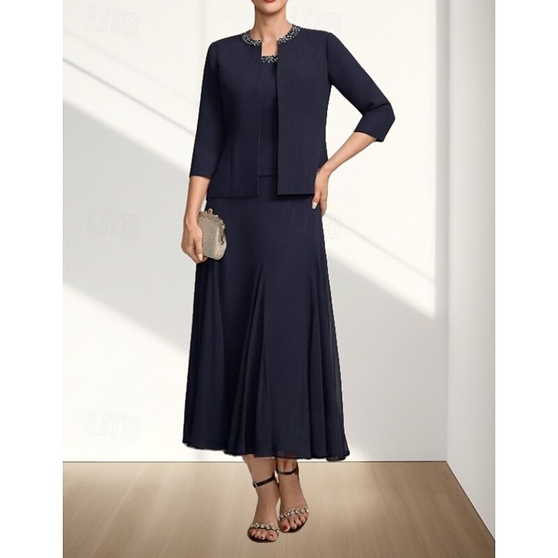 Two Piece A-Line Mother of the Bride Dress Wedding Guest Elegant Crew Neck Tea Length Chiffon 3/4 Length Sleeve with Beading Midi Dress4