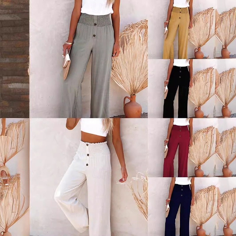 Women's Cotton Linen Pants Slacks Casual Full Length Natural Plain Elastic Waist Comfy Outdoor Sports & Outdoor Street Wine Navy Grey Black Summer Regular Fit