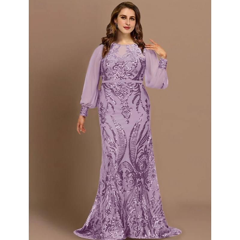 Mermaid Plus Size Curve Mother of the Bride Dresses Elegant Dress Formal Wedding Guest Sweep / Brush Train Long Sleeve Jewel Neck Chiffon with Sequin free custom size 5