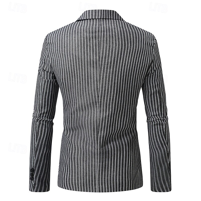 Men's Blazer Business Cocktail Party Wedding Party Fashion Casual Spring Autumn / Fall Polyester Stripes Pocket Buttons Comfortable Single Breasted Blazer Dark Gray Light Grey3