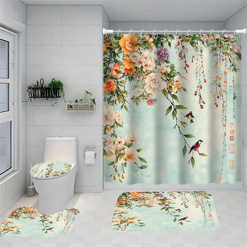 4-Piece Bathroom Set, Waterproof Polyester Shower Curtain with 12 Hooks 180cm*180cm(70"*70"), Non-Slip Toilet Lid Cover & Sturdy Bath Mat for Home Decor3
