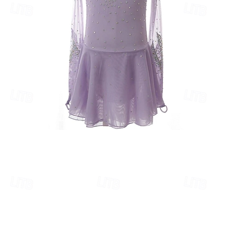 Figure Skating Dress Women's Girls' Ice Skating Dress Light Purple Patchwork Asymmetric Hem Mesh Spandex Stretchy Training Practice Professional Skating Wear Thermal Warm Crystal / Rhinestone Long3