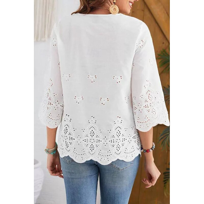 Women's Lace Shirt Blouse Plain Modern Casual 3/4 Length Sleeve V Neck Regular Tops Holiday Going out Lace Black White Summer3