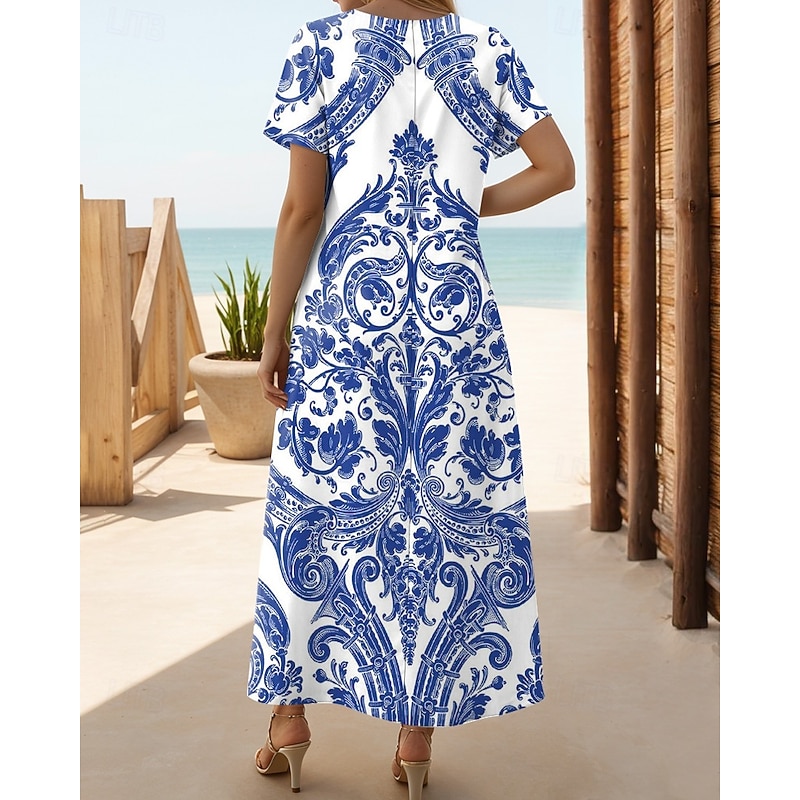 Women's Midi Dress Sundress A Line Dress Vacation Casual Boho Butterfly Sleeve Vacation Beach Regular Fit Floral Graphic Short Sleeve Crewneck White blue White Blue Green Summer2
