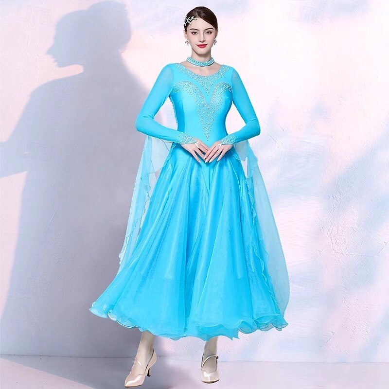 Ballroom Dance Dress Splicing Crystals / Rhinestones Tulle Women's Performance Party Long Sleeve Mesh Spandex Imitation Silk4