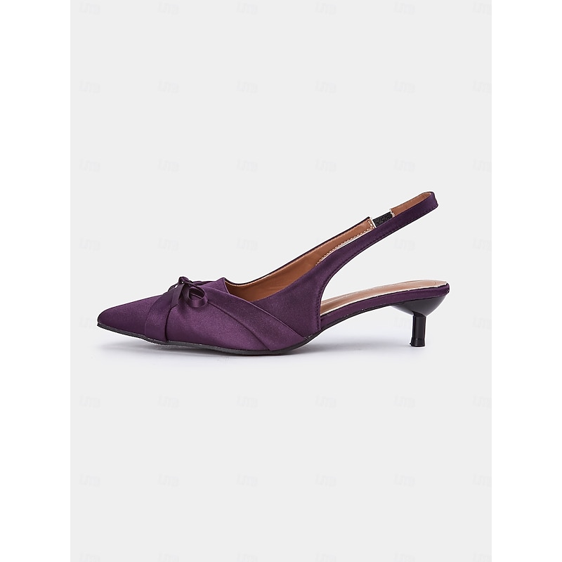 Women's Purple Satin Bow Slingback Kitten Heels – Stylish Evening & Romantic Date Shoes