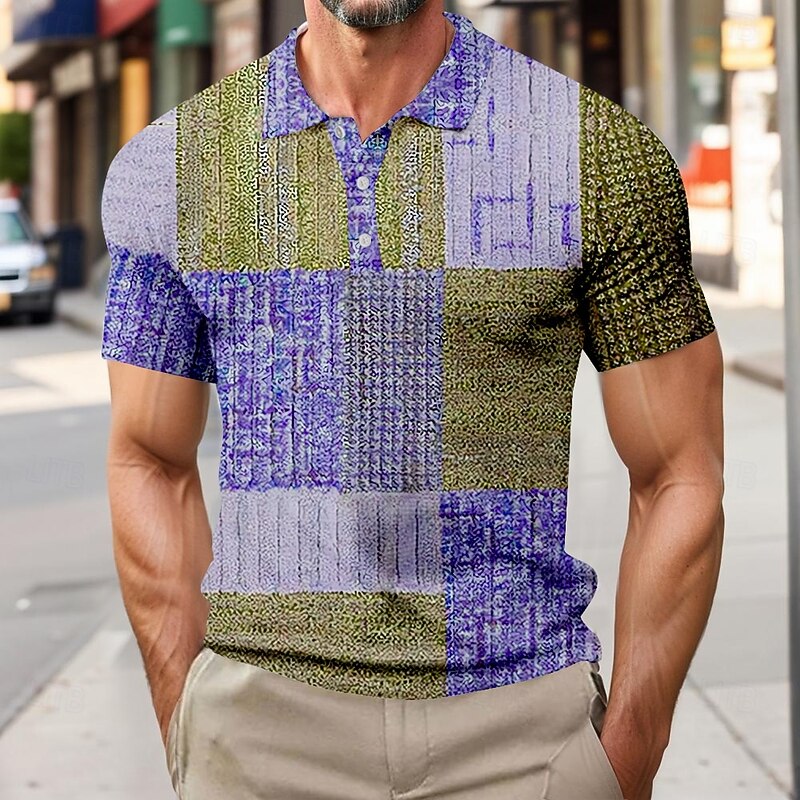 Men's Color Block Waffle Polo Shirts Short Sleeve Polo Shirts Collared Shirts Business Casual Business Athleisure Daily Wear Buttons 3D Print Summer Blue Purple Brown3