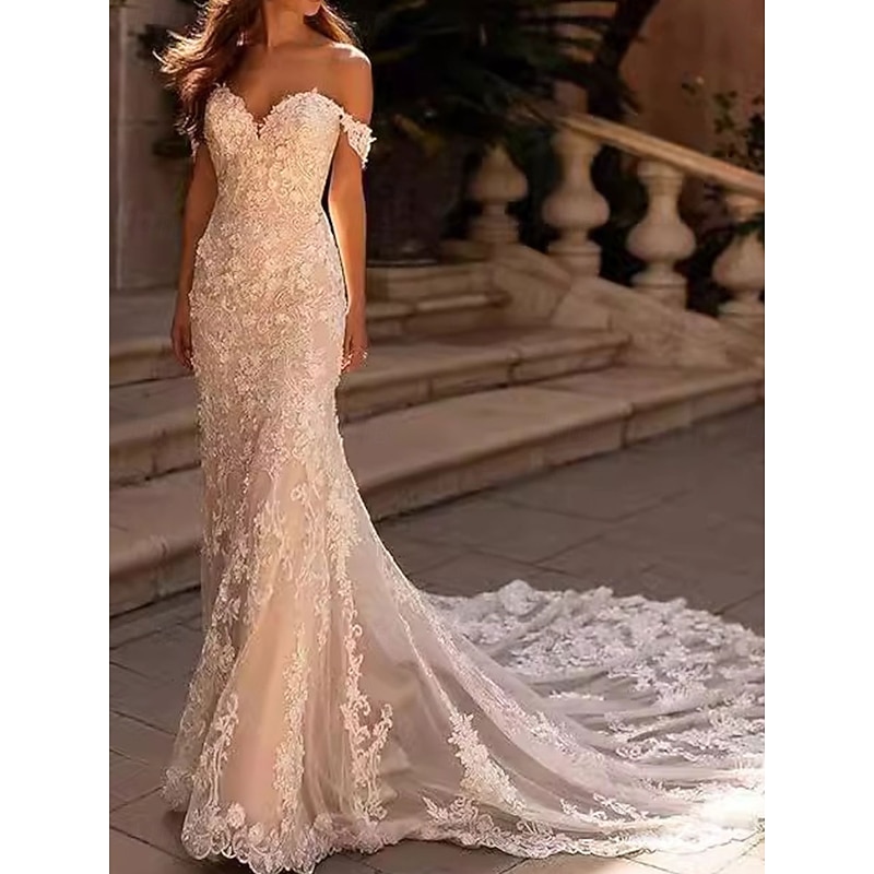 Wedding Dresses Mermaid / Trumpet Off Shoulder Sleeveless Court Train Tulle Bridal Gowns With Solid Color