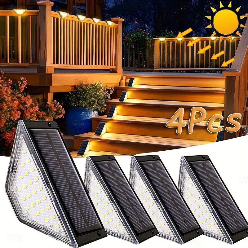 4 Pcs LED Solar Step Landscape Lights Outdoor Fence Light Waterproof Wall Light 24LEDs Home Garden Pathway Lighting Decoration
