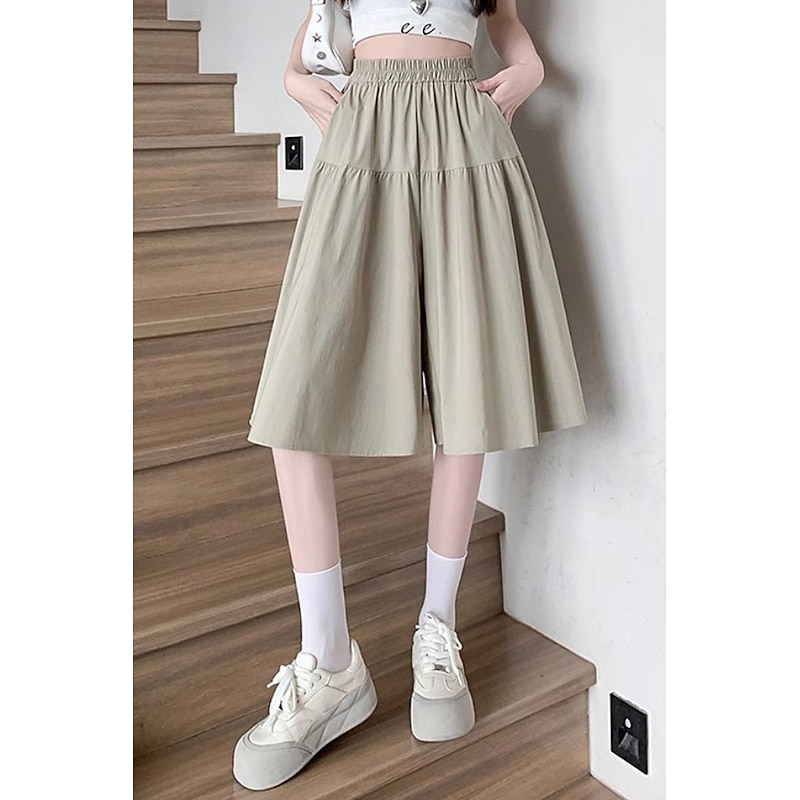 Women's Cotton Linen Shorts Wide Leg Shorts Fashion Streetwear Knee Length Natural Plain Pocket Elastic Waist Breathability Comfortable Micro-elastic Vacation Street Black Khaki Beige Summer Regular3