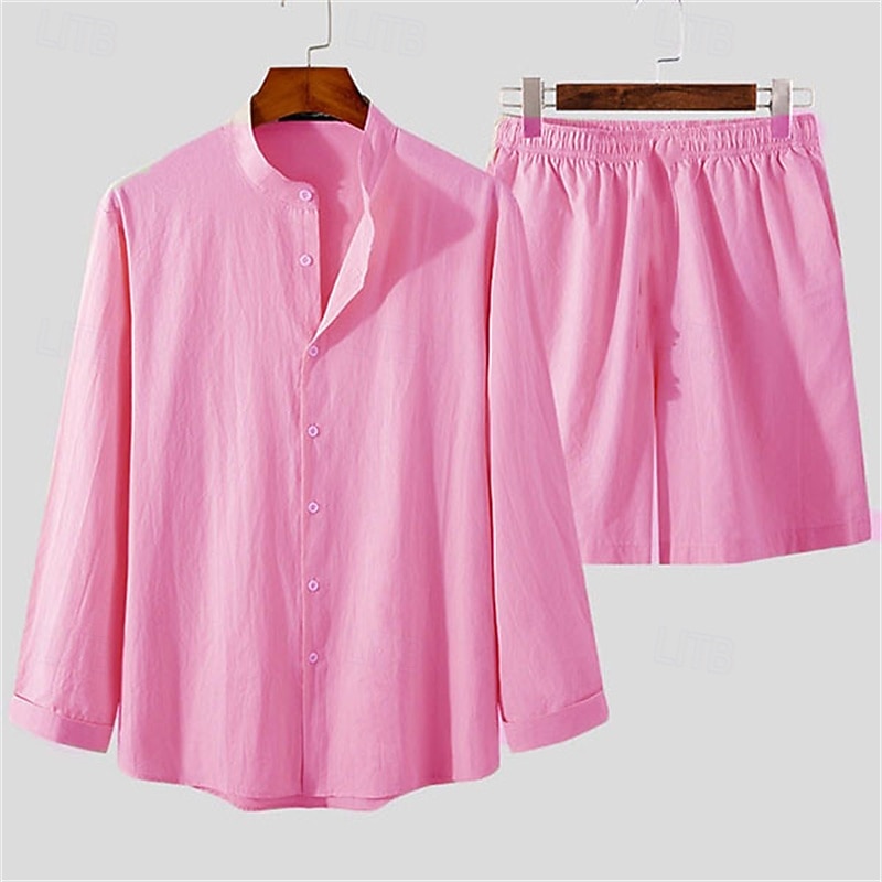 Men's Shirt Linen Shirt Casual Shirt Cotton Linen Shirt Button Up Shirt Plain Vacation Street Pink Purple Apricot Long Sleeve Stand Collar Spring Clothing Apparel Button-Down4