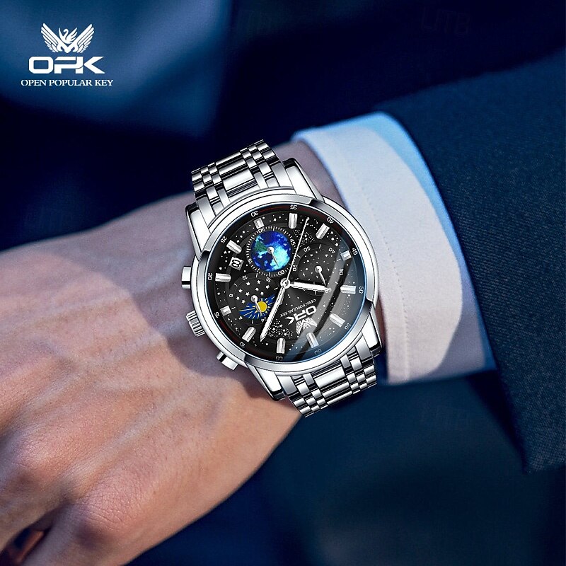 OPK Quartz Watch for Men Starry Sky Display Moon phase Multifunctional Stainless Steel Waterproof Luxury Men's Quartz Watch 81422