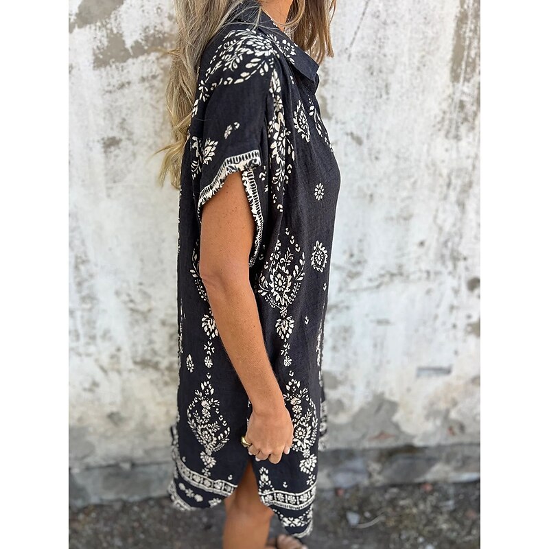 Women's Cotton Linen Mini Dress Shirt Dress Elegant Dress Basic Casual Vacation Daily Regular Fit Graphic Short Sleeve Shirt Collar Black Green Apricot Summer3