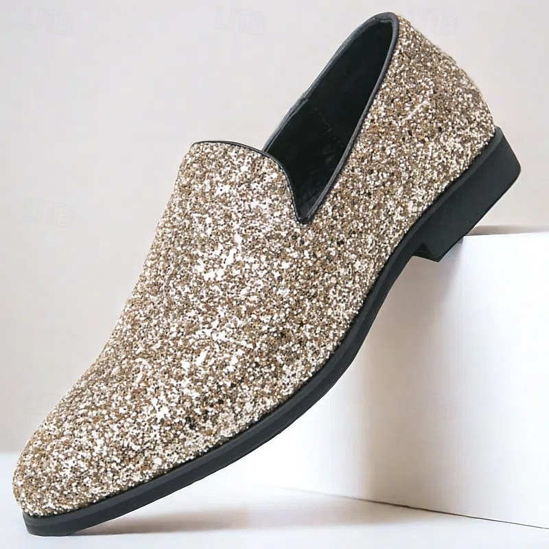 Men's Prom Shoes - Gold Glitter Slip-On Loafers for Glamorous Evening Wear