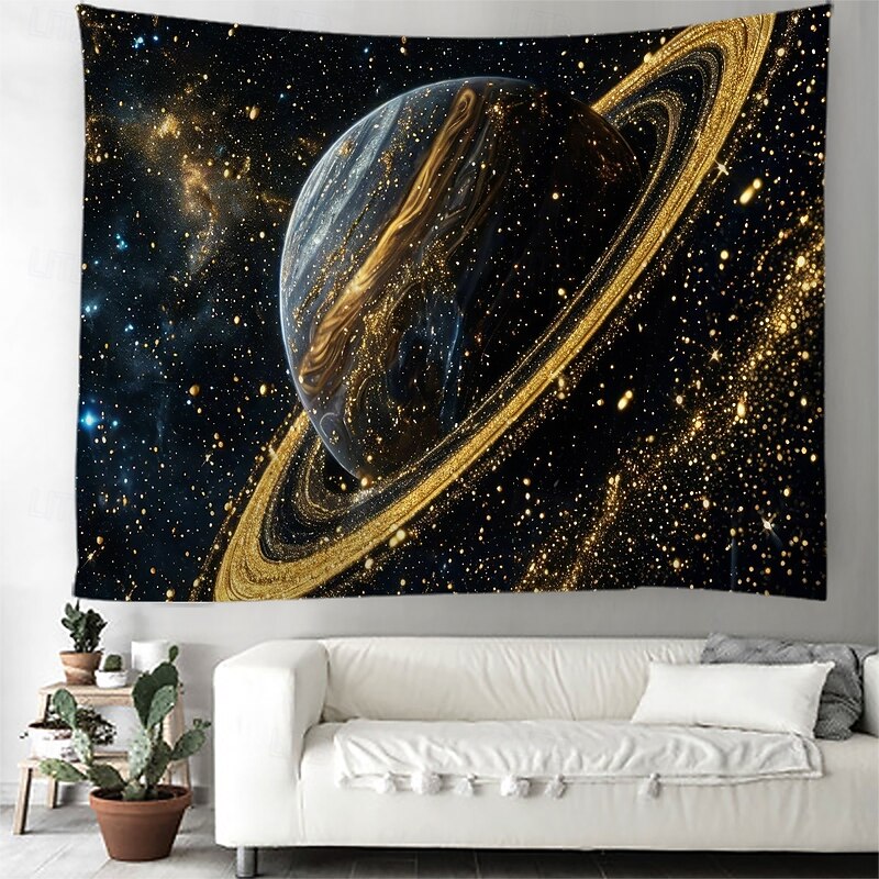 Planet Universe Hanging Tapestry Wall Art Large Tapestry Mural Decor Photograph Backdrop Blanket Curtain Home Bedroom Living Room Decoration Black Gold