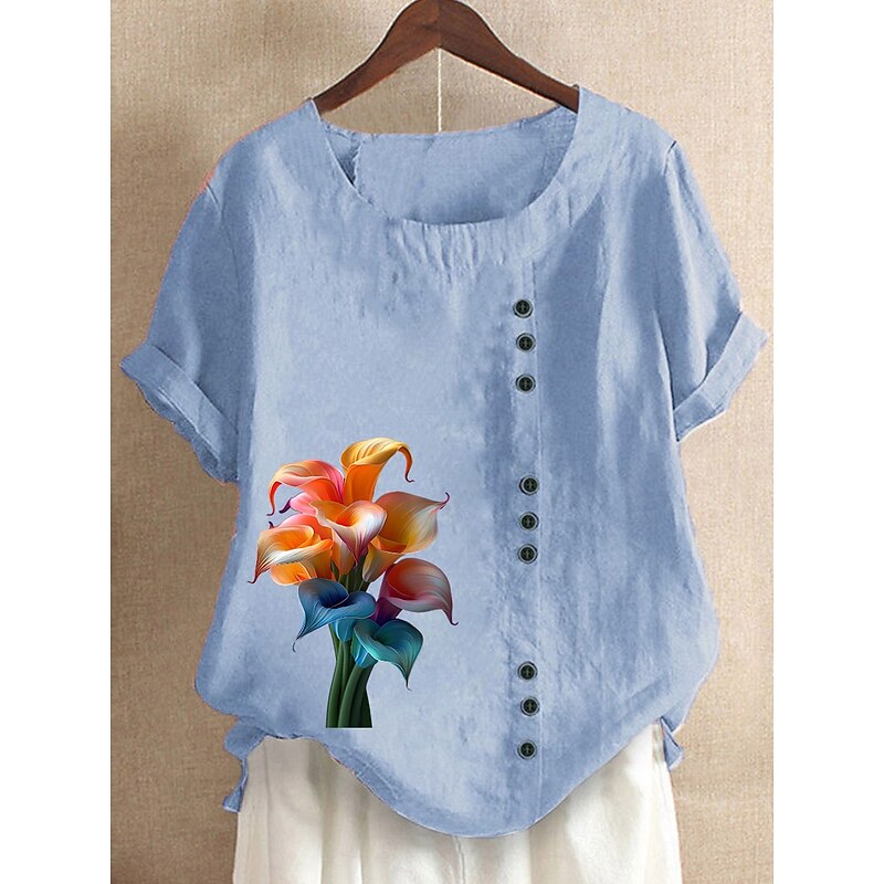 Women's 100% Cotton Blouse Vintage Casual Crew Neck Daily Going out Buttons Print Maroon Grass Green Navy Blue Blue Purple4