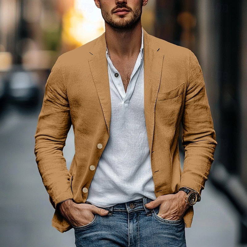 Men's Lightweight Jacket Blazer Jacket Formal Office Fashion Daily Spring & Summer Cotton And Linen Solid Color Comfy Single Breasted Blazer Light Green Navy Blue Brown Beige4