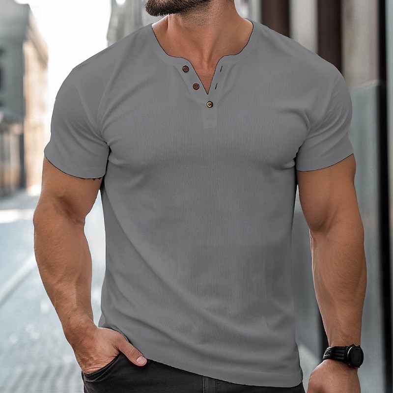 Men's Henley Shirt Muscle Shirt Tee Top Short Sleeves Plain Fashion Designer Basic Plain Henley Vacation Street Casual Summer All Seasons Black White Gray Henley T-Shirt4