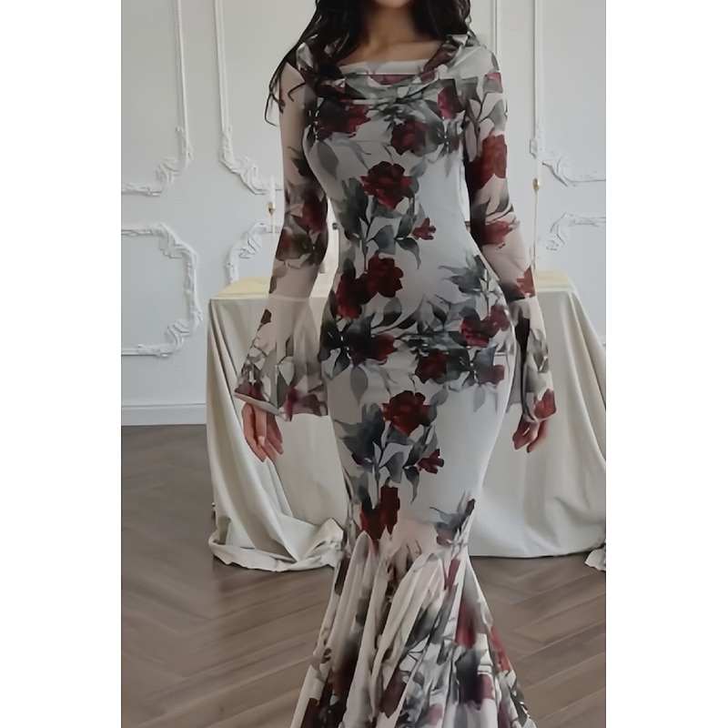 Women's Long Dress Maxi Dress Sheath Dress Floral Dress Print Dress Fashion Elegant Dress Outdoor Holiday Date Regular Fit Flower Long Sleeve Crew Neck Rose Spring3