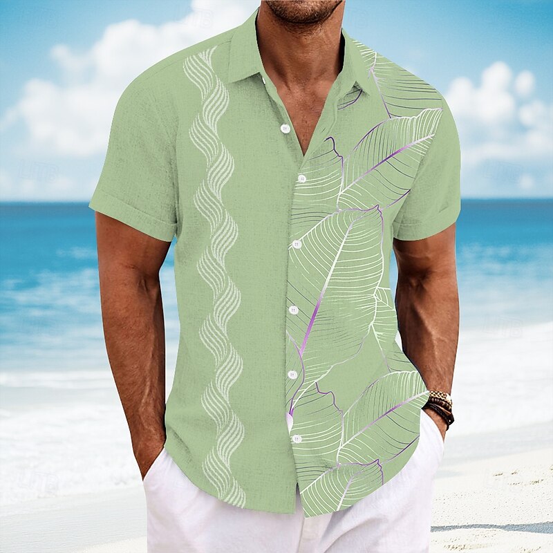 Men's Geometric Palm Leaf Tropical Plants Shirt Guayabera Shirt Button Up Shirt Short Sleeve Hawaiian Vacation Dailywear Beach Wear Summer Spring Turndown 3D Print Collared Shirts Pink Blue Sky Blue4
