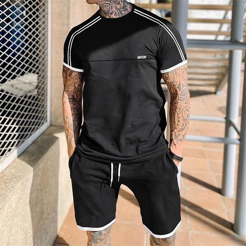 Men's Tracksuit T shirt & Shorts Outfit Set Crew Neck Outdoor Daily Sports Pocket Drawstring Patchwork Black Red Light Grey Polyester Activewear Streetwear Lightweight Summer - Main Image